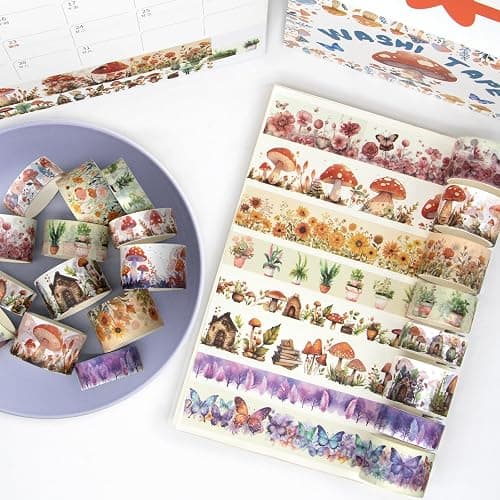 KOVANO Washi Tape Set 13 Rolls - Mushroom Butterfly Floral Decorative Tape, Colored Masking Tape for Scrapbooking Supplies, Bullet Journal Supplies, Junk Journal, DIY Crafts Art thumbnail 7