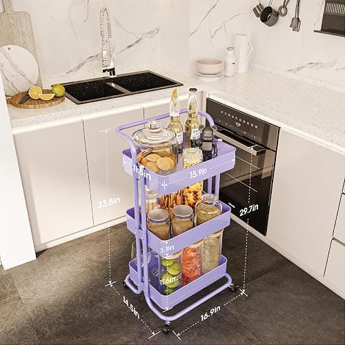 Mzzelry Metal Rolling Storage Cart, 3-Tier Utility Cart with Wheels, Multifunctional Organizer Storage for Kitchen, Bedroom, Office, Laundry Room, Dorm Room Essentials (Purple) thumbnail 6