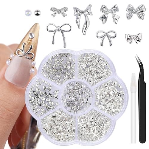 3D Metal Alloy Nail Bows Kit - Silver & Gold Bowknot Charms with 1-3mm Mini Caviar Beads, Tweezers, Pickup Pencil, Cute Nail Charms and Gems Jewelry in Petal-Shaped Box (Silver-kit-1) - Image 1