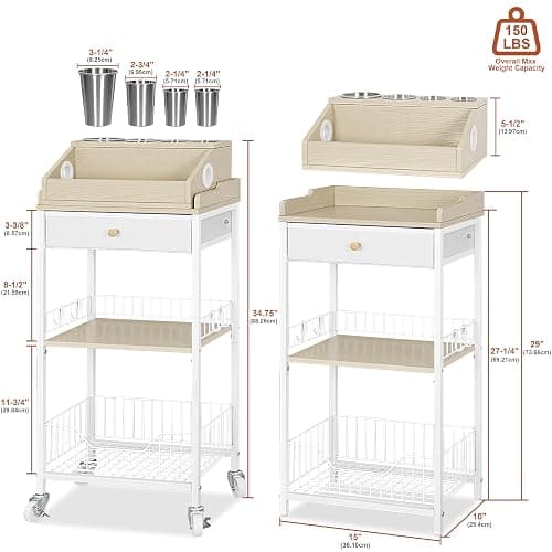 NauwaBarn Makeup Organizer Cart with Removable Cosmetic Display Case, Large Makeup Cart with Drawer and 4 SS Tool Cups, 2-in-1 Vanity Organizer for Skincare Perfume Nail Polish Brush, White & Natural thumbnail 2