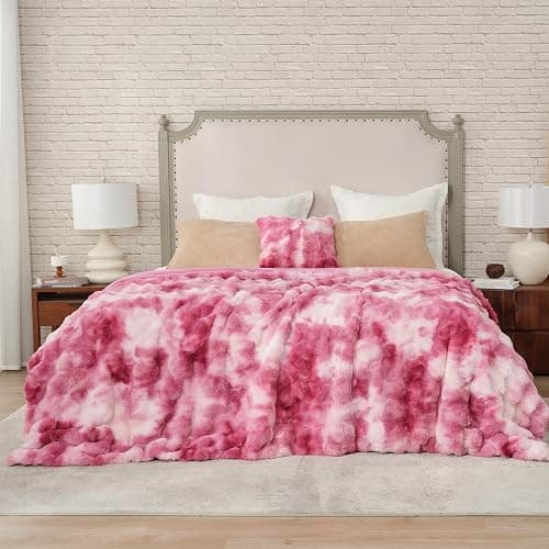 Cozy Bliss Faux Fur Throw Blanket for Couch, Bubble Plush Blanket Queen Size, Fuzzy Soft & Thick Blanket for Bed Sofa Living Room, 90x90 Inches Tie-dye Pink thumbnail 5