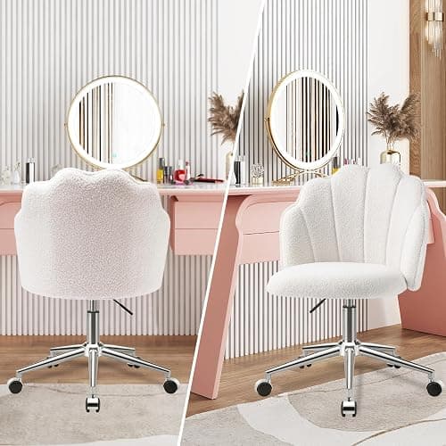 Eufurnibi Vanity Chair for Dressing Table with Wheels, Boucle Desk Chair for Bedroom, Swivel Armchair for Home, Height Adjustable&Easy Assembly, White/Beige thumbnail 6