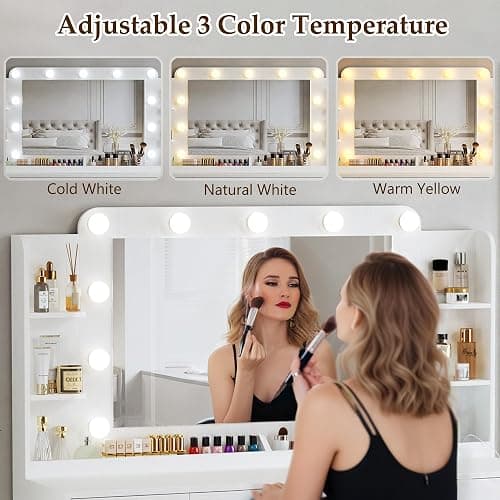 ALEXNUTRE Makeup Vanity Desk with Lights, 45.5" Large Vanity with Mirror and Lights in 3 Models, Vanity with Power Outlet, Vanity Desk with 5 Drawers, 2 Cabinets, Shelves for Bedroom, White thumbnail 3