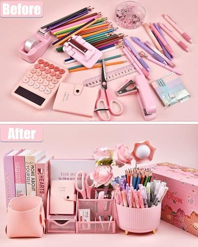 LXEVIHK 21Pcs Pink Desk Organizers and Accessories With Mesh Desk Organizer and 360°Rotating Pen Holder and a Lot of Office Pink Office Supplies Beautifully Presented in a Gift Box thumbnail 4