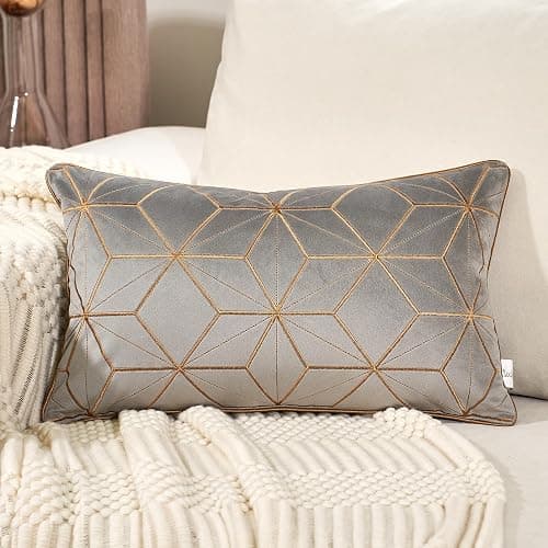 Aeckself Gray Gold Velvet Lumbar Throw Pillow Cover 12 x 20 Inch, Embroidery Rectangle Modern Plaid Accent Pillow Cover with Stitched Edge Decorative Oblong Cushion Case for Couch Living Room Bedroom - Image 1