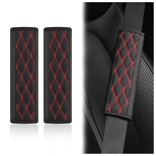 wedfish 2PCS Car Seat Belt Cover Pads,Leather Seatbelt Covers Protect Shoulder and Neck Car Accessories Interior,Universal Car Seat Strap Pads Car Decorations for Most Cars Trucks (Black/Red) - Image 1