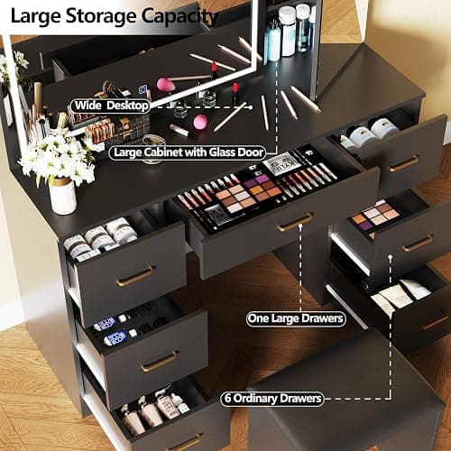 Jartoil Vanity Desk with Large Mirror and Lights, Black Makeup Vanity with 7 Drawers, Adjustable Brightness Vanity Table with Glass Door Cabinet, Modern Vanity Set with Stool for Bedroom thumbnail 4