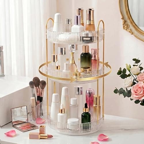 Aveniee Crystal Three-Layer 360° Rotating Cosmetic Stand, Premium Solid Metal Pole Sturdy Construction, Translucent Revolving Beauty Storage Unit for Vanity, Sink or Bathroom Shelf, White - Image 1