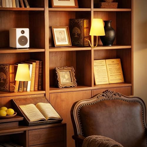 AELS Vintage Bookshelf Lamp with Bulb, Cordless Touch Dimmable Table Lamp with Linen Fabric Shade, Battery Operated, Modern Farmhouse, Book Sconce for Office Home Bedroom, Tree of Life Brown & Gold thumbnail 5