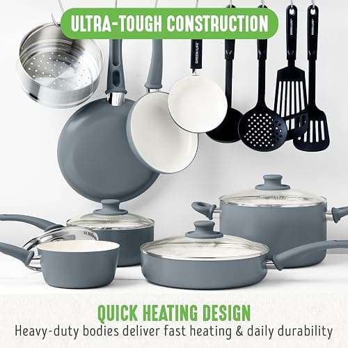GreenLife 16 Piece Ceramic Nonstick Pots & Pans Cookware Set, Gray | PFAS-Free Nonstick Coating, Stockpot, Frying Pans, Saucepans, Sauté Pan, Stay-Cool Handles, Dishwasher & Oven Safe up to 350F thumbnail 5