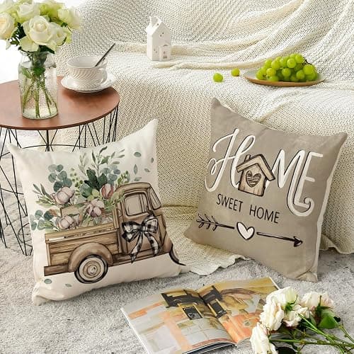 AVOIN colorlife Bless Our Home Farmhouse Eucalyptus Leaves Throw Pillow Covers, 18 x 18 Inch Truck Home Sweet Home Cushion Case Decorations Set of 4 thumbnail 5
