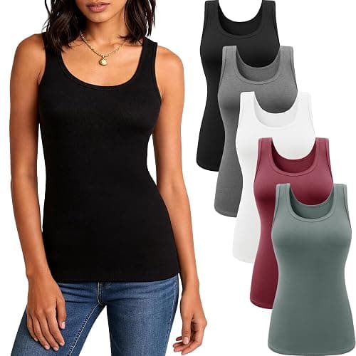 5 Pack Tank Tops for Women Scoop Neck Sleeveless Basic Undershirts | Soft Stretch Ribbed Fabric, Wide Straps, Fitted Layering Top, No Built-in Bra, Daily, Casual Going Out Wear, Summer Clothing - Image 1