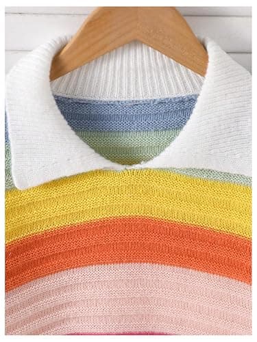 SweatyRocks Girl's Colorful Striped Sweater Collared Colorblock Long Sleeve Loose Pullover Top thumbnail 3