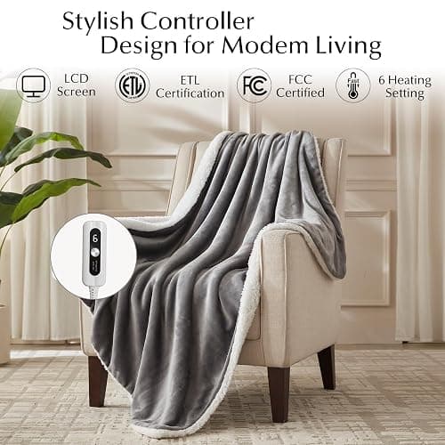 SNUGSUN Heated Blanket Throw Size, Soft and Cozy Electric Heating Blanket for Bed, Automatic Safety System 6 Heating Levels & 4 Hours Auto-Off Gift for Grandma,50" x 60" London Grey thumbnail 3
