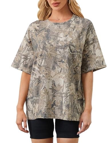 MSBESYOR Camo Shirt for Women Maple Leaf Print Short Sleeve Crewneck T-Shirts Summer Oversized Tee Shirts Streetwear - Image 1