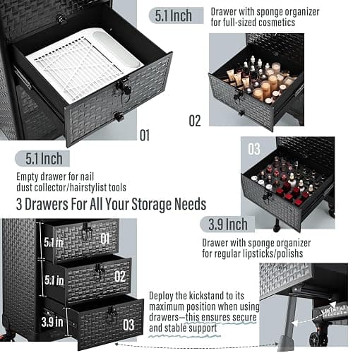 Yueieoun Salon Cart with 3 Drawers, Nail Trolley Cart with Wheels Salon Station Rolling Makeup Train Case Cosmetology Case Organizer Cases for Nail Tech,SPA,Face Painting,Hairstylist,Makeup Artist thumbnail 3