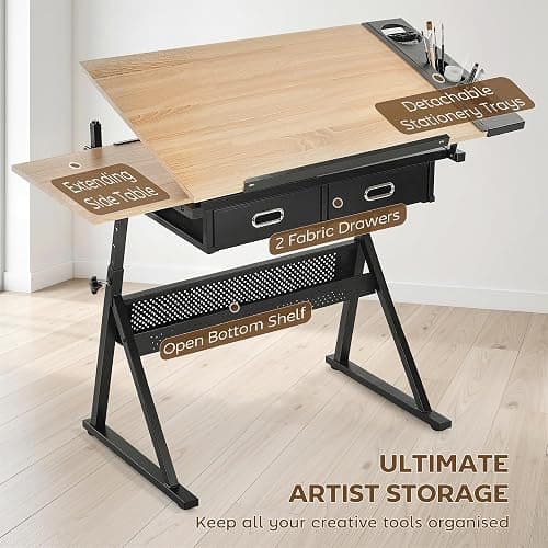 HOMCOM Adjustable Drafting Table, Art Desk Drawing Table Workstation with Stool and Storage Drawers for Painting, Multifunctional Writing Desk, Oak thumbnail 5