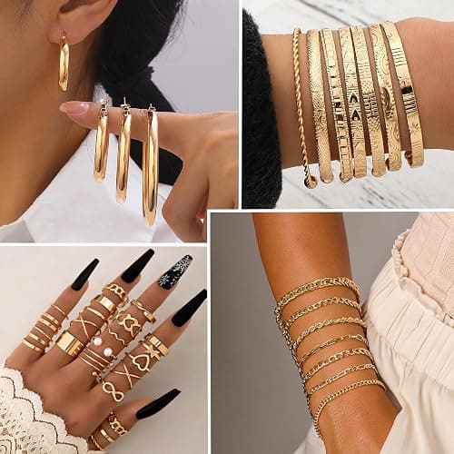 MEDOJO 93 Pcs Golden Jewelry Set for Women Costume Jewelry Pack Golden Plated Necklace Bracelet Stackable Ring Earrings Jewelry Pack for Women thumbnail 2