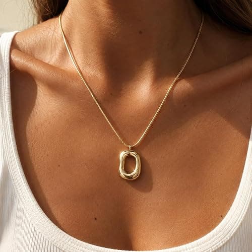SHANTYSON Gold Tone Irregular Oval Pendant Necklace for Women, Minimalist Chunky Snake Chain Necklace, Dainty 14K Gold Plated Statement Long Necklace thumbnail 2