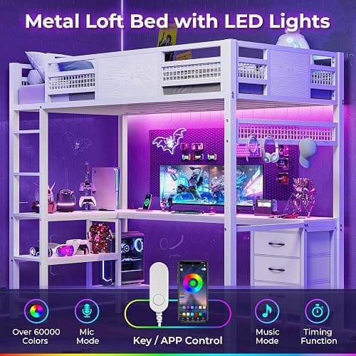 ADORNEVE Loft Bed Twin Size with L-Shaped Desk, LED Lights,Charging Station, Twin Metal Loft Bed Frame with Fabric Drawers & Shelve, 13.4" H Safety Guardrail, No Box Spring Needed, White thumbnail 4