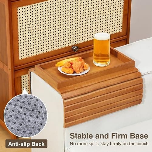 Kssiaz Couch Arm Tray, Bamboo Sofa Tray Table for Couch, Sofa Armrest Table, Anti-Slip Armrest Organizer, Foldable Couch Cup Holder for Snacks, Phone, Control, Cups, Light Brown thumbnail 4