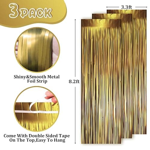 Voircoloria 3 Pack 3.3 x 8.2 ft Matte Gold Foil Fringe Backdrop Curtains, Tinsel Streamers Party Decorations, Fringe Backdrop, Door Shimmer for Graduation, New Years Eve, Birthday Party thumbnail 3