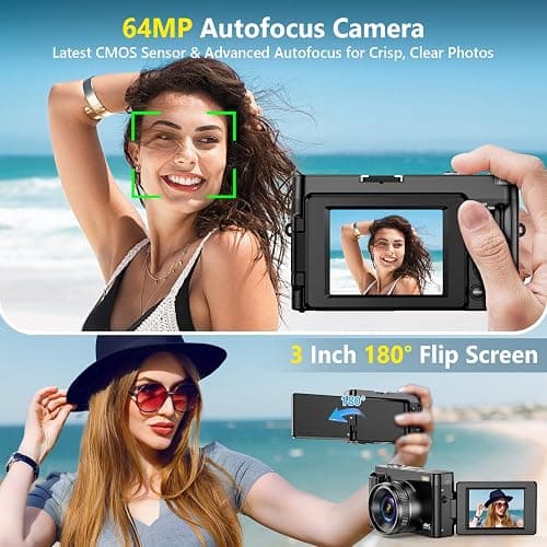 4K Digital Camera for Photography Autofocus, Upgraded 64MP WiFi Vlogging Camera for YouTube with 3" 180° Flip Screen, 16X Zoom, Compact Travel Cameras for Beginners with 32GB Card, 2 Batteries, Black - Black thumbnail 3