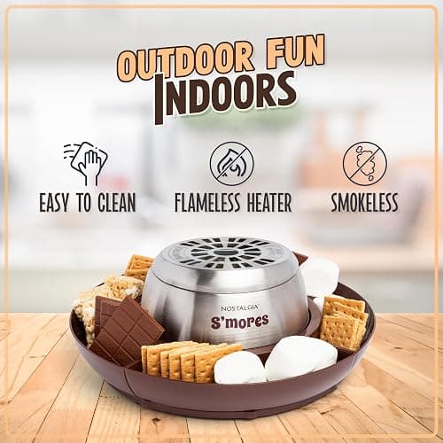 Nostalgia Indoor Electric Stainless Steel S'Mores Maker with 4 Lazy Susan Compartment Trays for Graham Crackers, Chocolate, Marshmallows and 4 Roasting Forks, Brown thumbnail 4