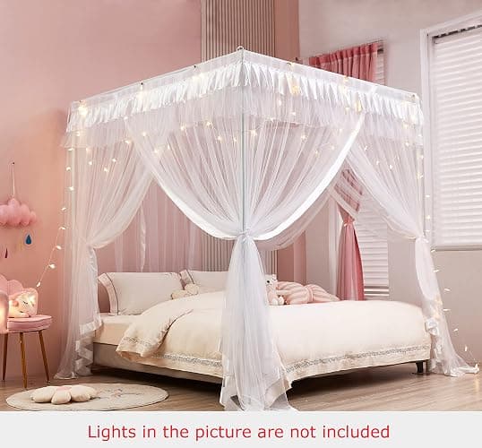Mengersi Princess 4 Corners Post Bed Curtain Canopy Mosquito Netting (White, Twin) thumbnail 2