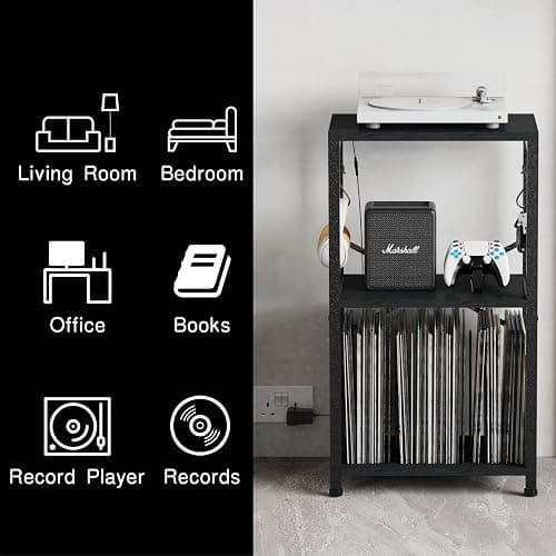 YAKANJ End Table with LED Light,Record Player Stand with Albums Storage,Vinyl Records Storage,Turntable Stand Side Table for Music Room Studio Living Room Bedroom-Modern Black thumbnail 6