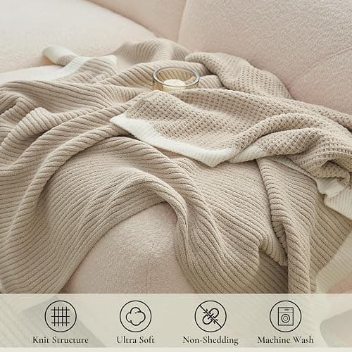 Amélie Home Waffle Throw Blanket for Couch, Soft Cozy Chenille Knit Blanket Warm Decorative Throw for Sofa, 50"x60", Beige thumbnail 4