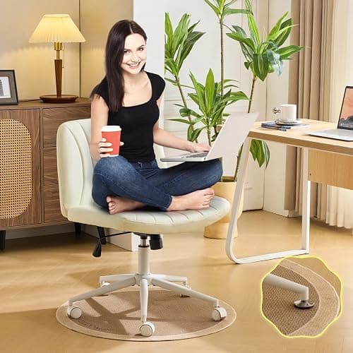 VINGLI Criss Cross Legged Chair,Wide Comfy Office Desk Chair,Dual-Use with/no Wheels Computer Task Chair,Swivel Armless Vanity Rolling Chair for Study,Make Up,Home Office,Cat Scratch PU Leather,Beige - Image 1