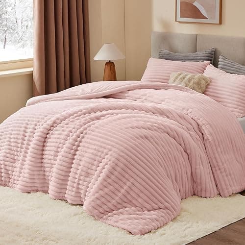 BEDELITE Fleece Queen Comforter Set, Fluffy Bed Set, Pink | Super Soft & Warm Bedding, Luxury Fuzzy Faux Fur Comforter for Winter, Heavy Plush Bedding, with 2 Pillowcases thumbnail 2