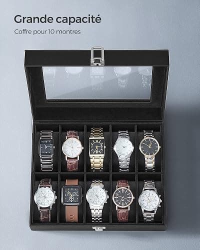 SONGMICS Watch Box with 10 Slots, Watch Case with Glass Lid, Watch Display Box with Removable Watch Pillows, Metal Clasp, Gift Idea, Black Synthetic Leather, Black Lining JWB010B02 thumbnail 5