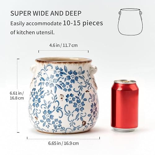 Utensil Holder for Kitchen Counter, Modern Farmhouse Rustic Cooking Utensil Holder and Crock, Exquisite Chinoiserie Floral Ceramic Utensil Organizer for Home Kitchen Decor- Blue and White Porcelain thumbnail 3