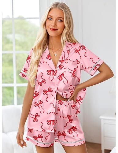Ekouaer Womens Silk Pajama Sets Button Up Satin Pjs Short Sleeve 2 Piece Pj Sets Cute Lounge Sets with Chest Pocket thumbnail 4