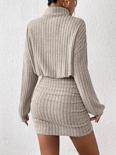 Women's Pullover Sweater Dress Long Lantern Sleeve Turtle Neck Cute Ribbed Knit Bodycon Mini Short Dress 2025 Fall thumbnail 3