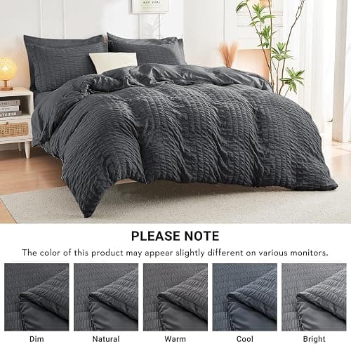 HYMOKEGE Full Size Comforter Sets Seersucker 7 Pieces, All Season Luxury Bed in a Bag for Bedroom, Bedding Set with Comforters, Sheets, Pillowcases & Shams, Dark Grey thumbnail 7