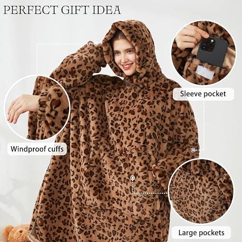 Softan Blanket Hoodie, Oversized Wearable Blanket for Adult Women and Men Gifts, Super Cozy Warm and Soft Hooded Blanket Sweatshirt, Brown Cheetah Print Faux Fur Blanket Sweatshirt with Large Pocket thumbnail 5