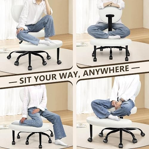 AtHope Ergonomic Cross Legged Office Chair with Wheels - Adjustable Height for Meditation, ADHD Desk & Yoga - Wide Criss Cross Design with Lumbar Support, Kneeling Chair - Off White thumbnail 3