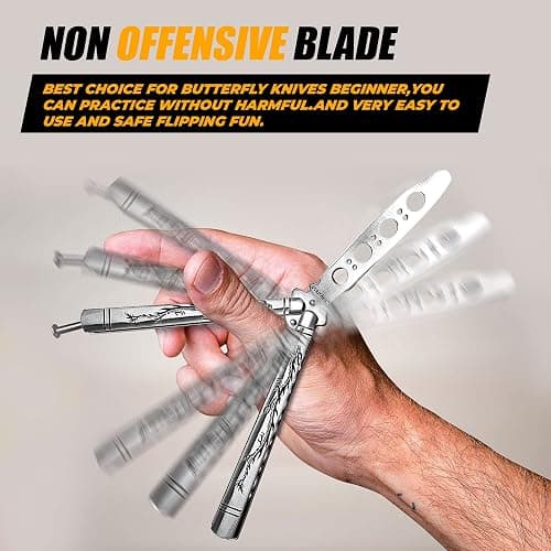 VORNNEX Practice Butterfly knife Trainer with Sure Spring Latch, Full Stainless Steel Black Dull Balisong, Unsharpened Butterfly knives Comb for CSGO Training(Silver) thumbnail 3