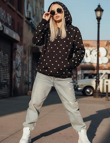 Lauweion Women Solid Basic Fleece Letter Loose Hoodie Sweatshirt Long Sleeve Kangaroo Pocket Drop Shoulder Pullovers Top thumbnail 2