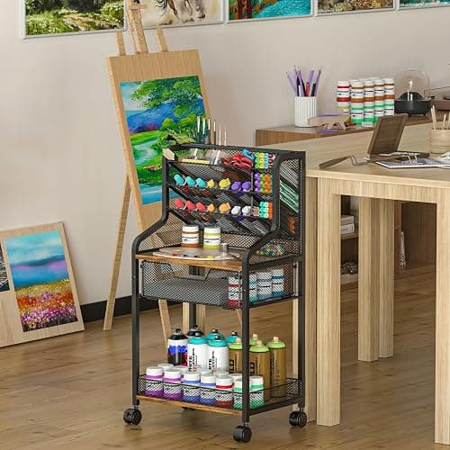 Small Rolling Utility Cart with Drawer, Metal Craft Storage Cart with Lockable Wheel, Versatile Art Organizer with 6 Tiers & Removable Dividers for Drawing Room, Store Paint & Artifact, Patent Pending thumbnail 8