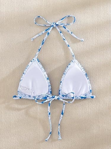 SHENHE Women's Triangle Halter Bikini Top Floral Tie Back Smocked Cute Swimsuit Top thumbnail 2