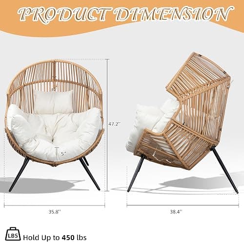 Shintenchi Wicker Egg Basket Chair, Outdoor Oversized Lounge Rattan Patio Chairs with Cushion, Egg Seat for Indoor Living Room Bedroom Outside Patio Backyard Balcony, Beige thumbnail 2