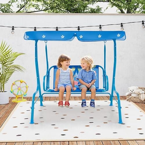 Costzon Kids Porch Swing, All-Weather Patio Swing Bench Hammock w/Adjustable Canopy & Safety Belts for 2 Children, Outdoor Swing for Backyard Garden Balcony Poolside (Blue, Dinosaur) thumbnail 8