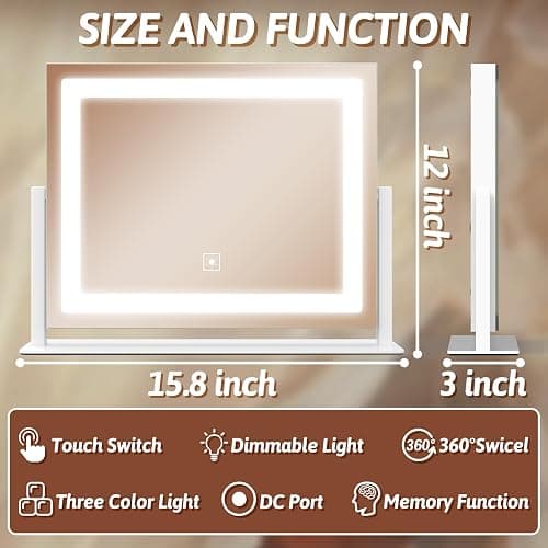 FENNIO Vanity Mirror with Lights, 12" x 16" Lighted Makeup Mirror with Smart Touch Control, 3 Color Modes & Brightness Adjustable, LED Makeup Mirror with 10X Magnification, 360° Rotation for Bedroom thumbnail 2