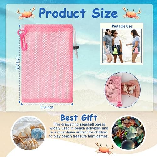 Pink Mesh Beach Bags For Kids 5.9 x 8.3 Inch Seashell Bags With Clip And Toggle Closure For Beach And Box Toy Bag With Toddler Must Haves Beach Vacation Essentials（Only Bags） thumbnail 3