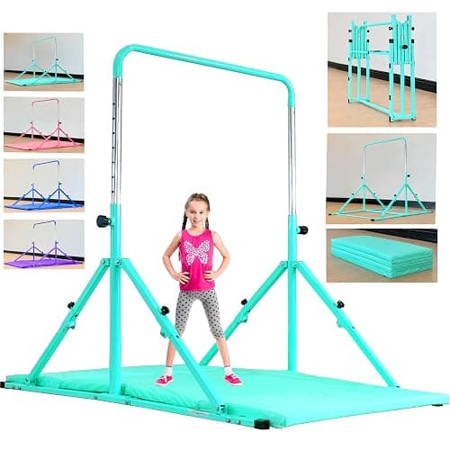 MARFULA Foldable Gymnastic Bar for Kids Ages 3-12, 9 Height Levels, 200 lbs Weight Capacity, 5 Ft Length Gymnastic Kip Bar with Mat, Gymnastic Equipment for Home and Gym Center Indoor Outdoor Use - Image 1