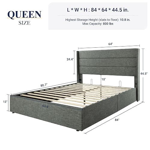 Allewie Queen Size Lift Up Storage Bed, Modern Wingback Headboard, Hydraulic Support, No Box Spring Needed, Dark Grey thumbnail 2